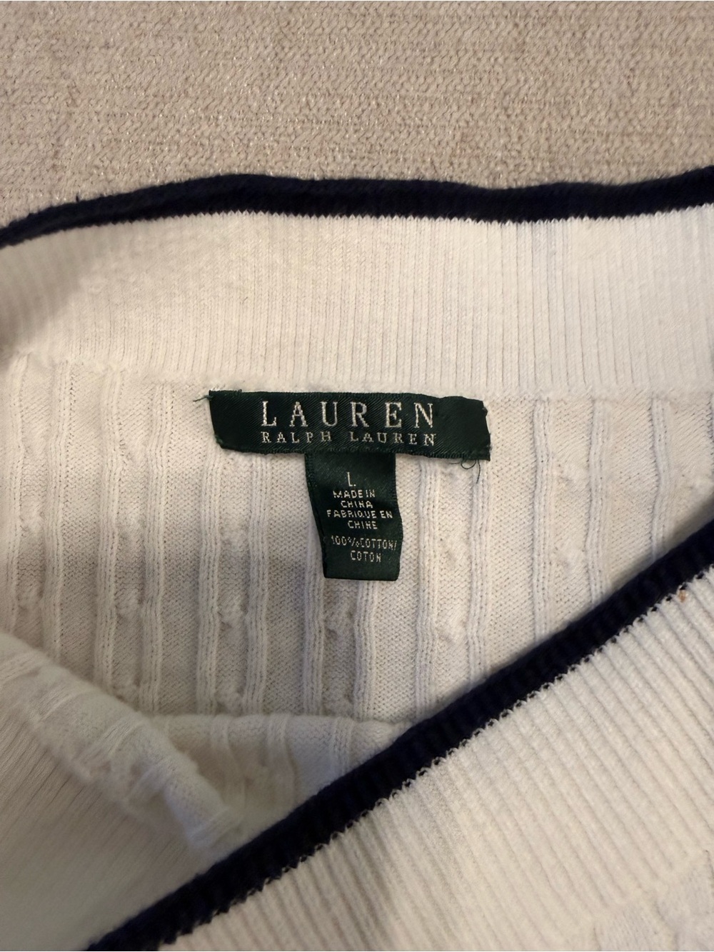 Lauren Ralph Lauren White Classic Cable-Knit Sweater with Black Trim Preppy Luxe - Picture 9 of 9